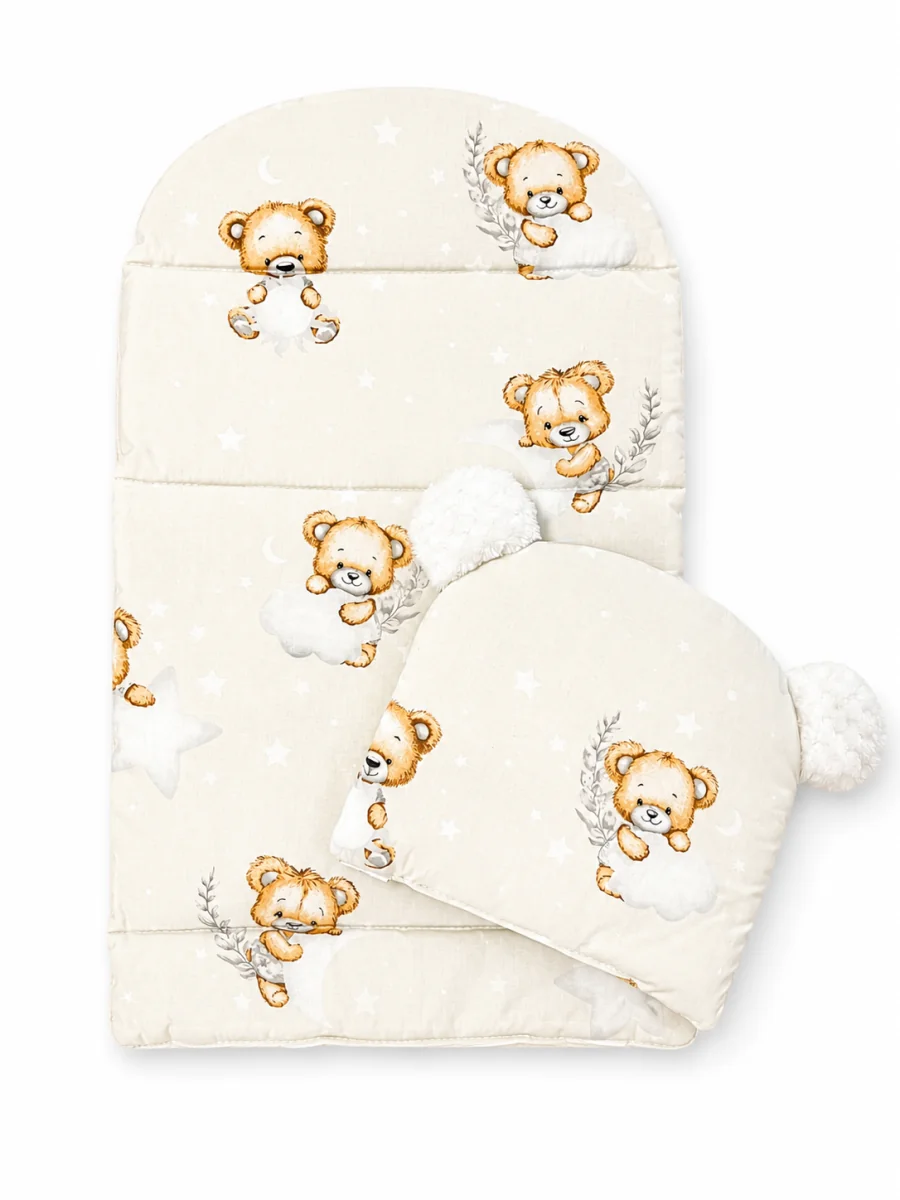 Baby Nellys Oboustranné hnízdečko, podložka + polštářek 3D,Sleepy Teddy, béžové