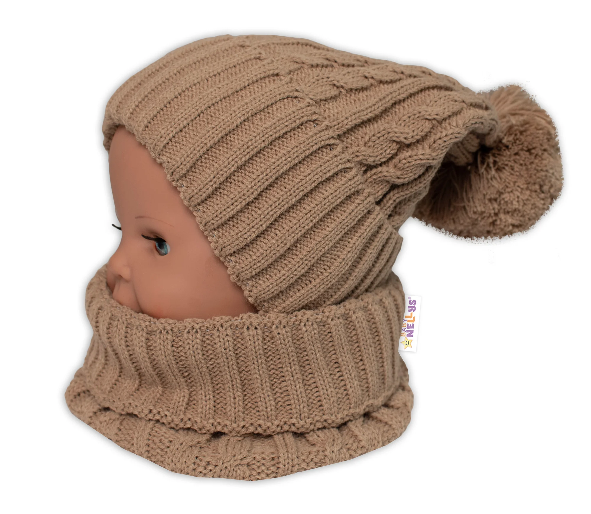 Baby Nellys 2D sada - Zimní čepice s bambulí, komín - béžová, vel. 48-52cm