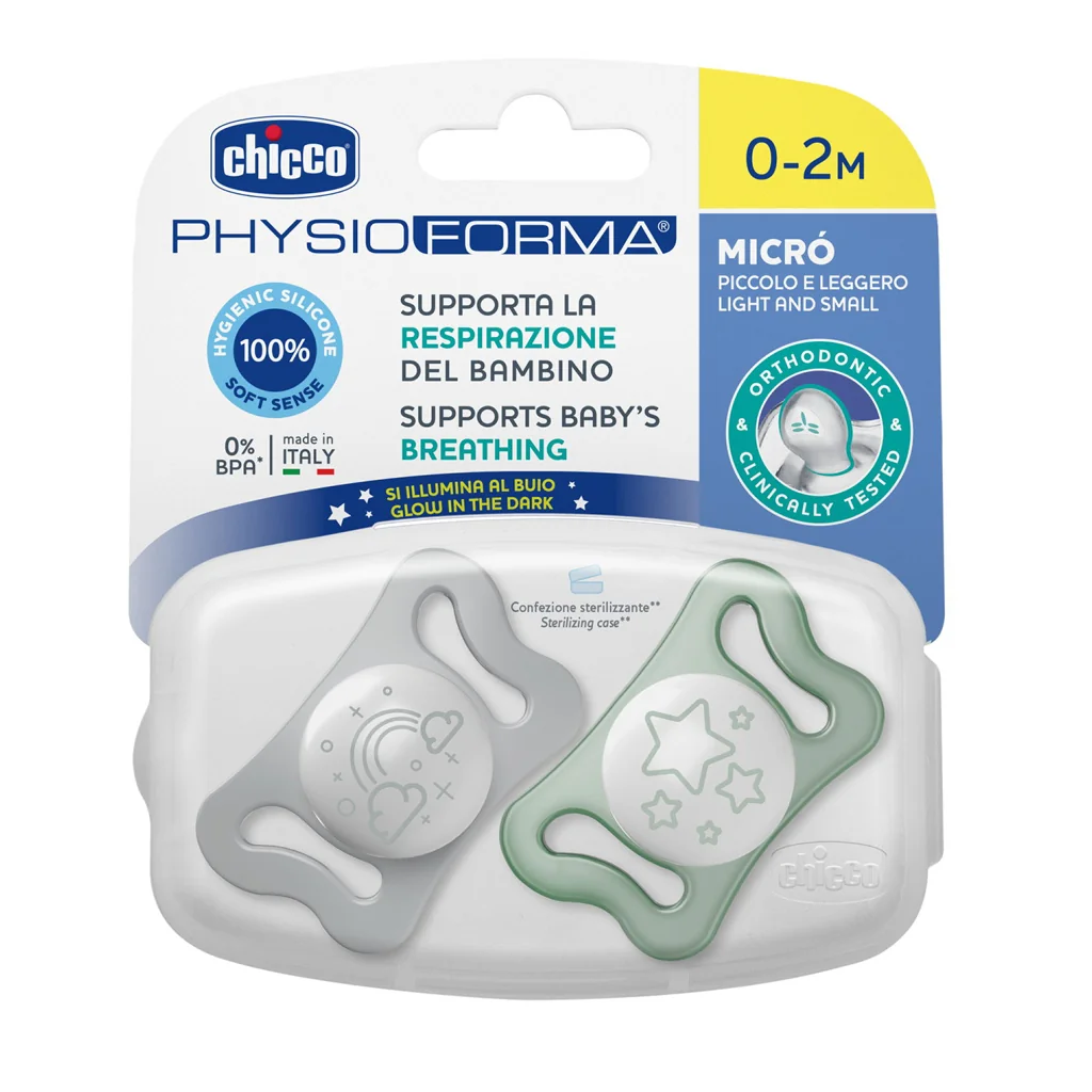 Chicco Dudlík Physioforma® Micro silikonový noční 0–2 m 2 ks