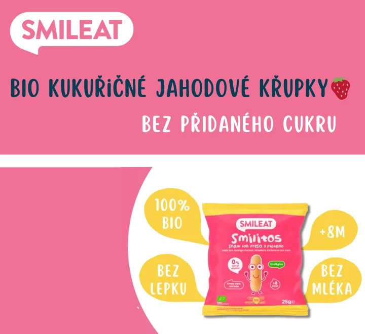 Smileat BIO kukuřičné křupky banán a jahoda s vitaminem B1 8M+. Bez přidaného cukru.