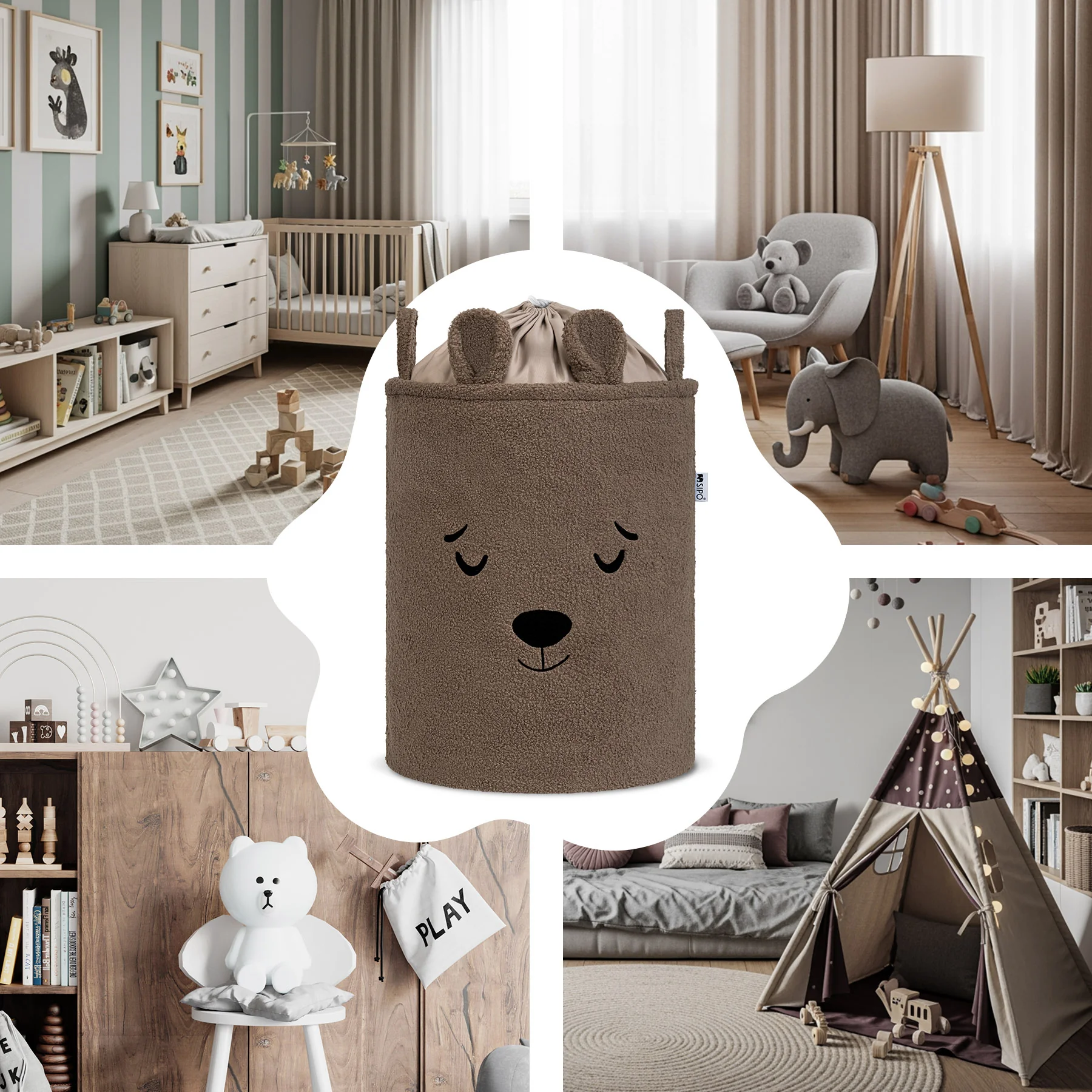 SIPO Koš na hračky Premium Bouclé se šňůrkou / 43 l, Bear (Brown)
