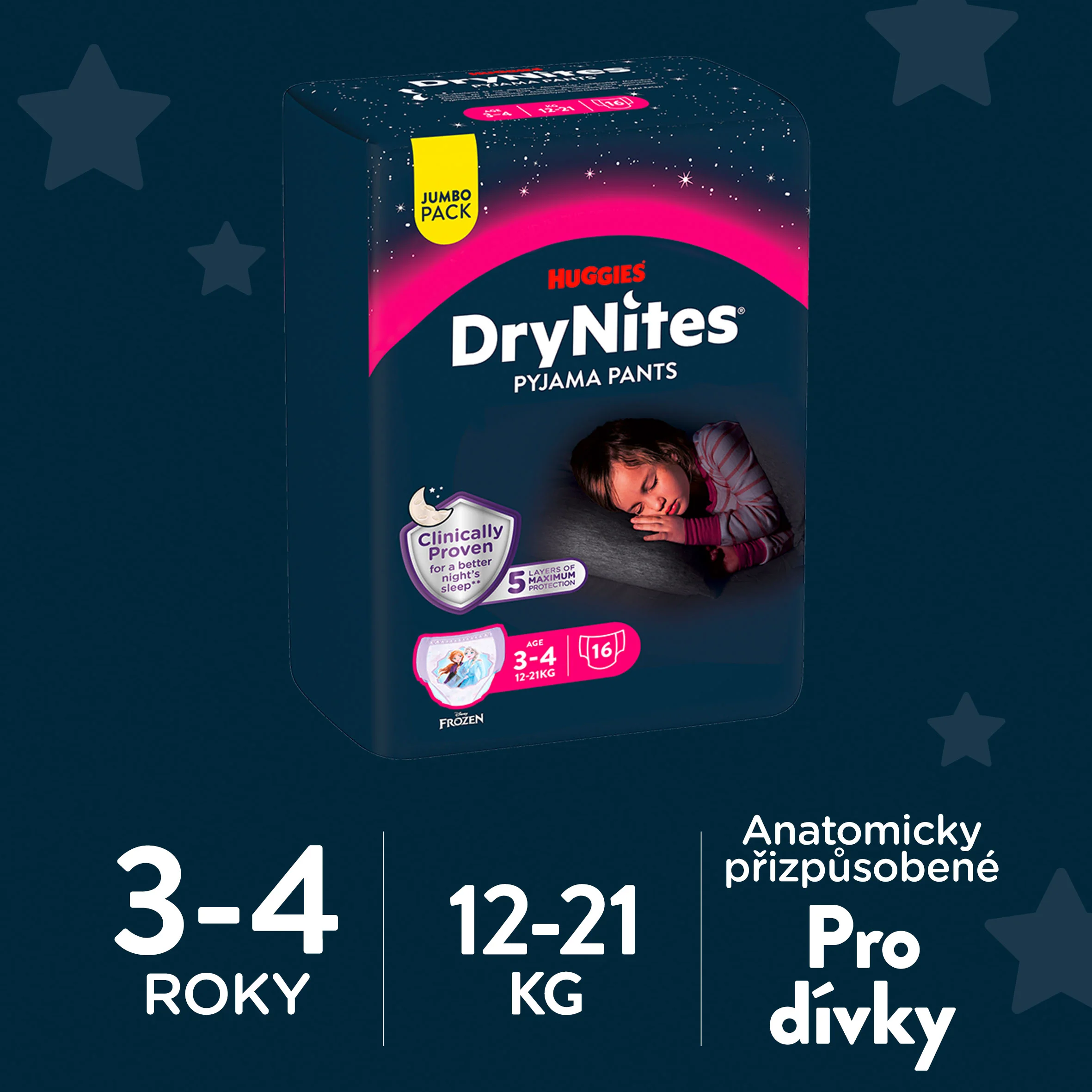 Huggies DryNites Natahovací kalhotky pro dívky 3–4 roky 12–21 kg JUMBO 4x16 ks