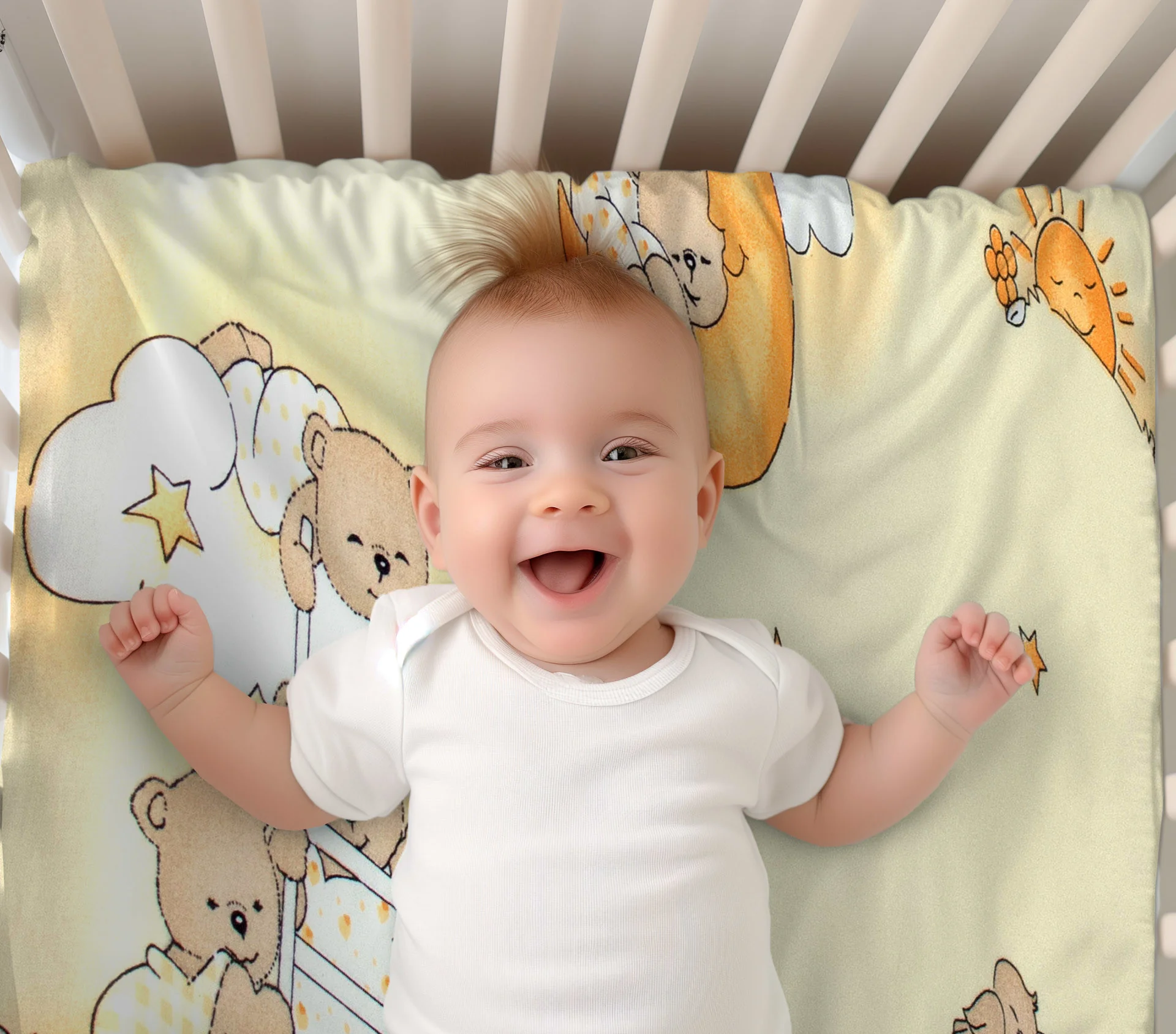 Baby Nellys Prostěradlo do postýlky 140x70cm, bavlna Premium, Medvídek na žebříku, žluté