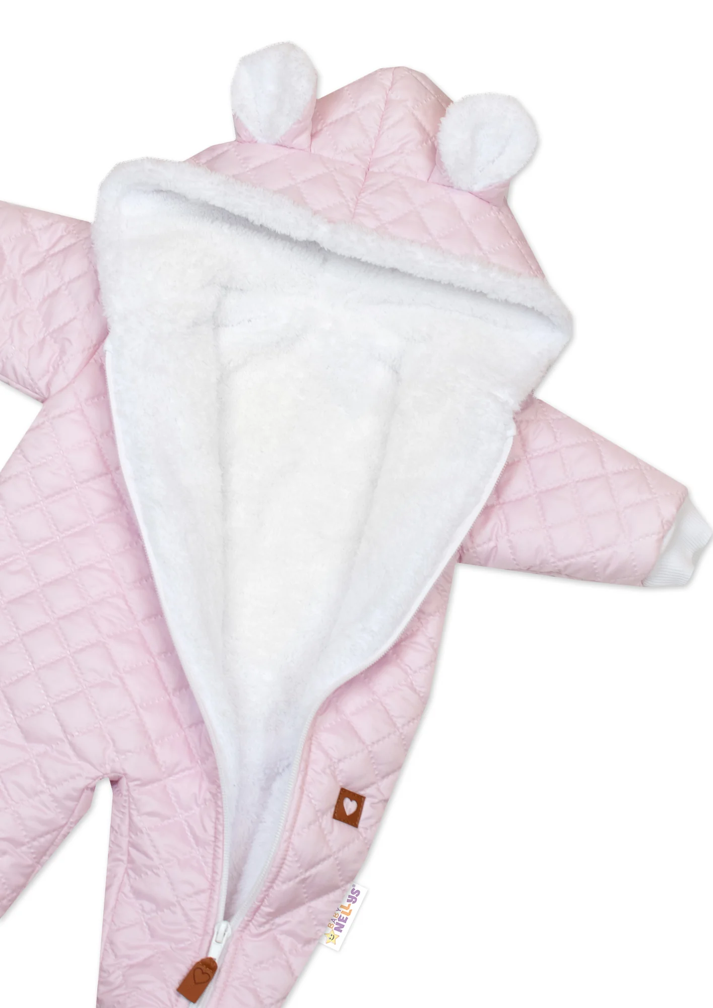 Baby Nellys Zimní prošívaná kombinéza s chlupáčkovou podšívkou + rukavičky, Love, růžová vel. 74