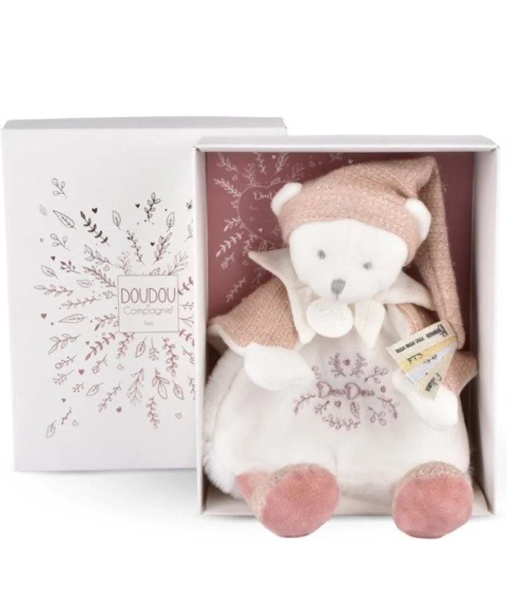 Doudou et Compagnie Paris Dárková sada Plyšový muchláček medvídek s čepičkou růžový 25 cm