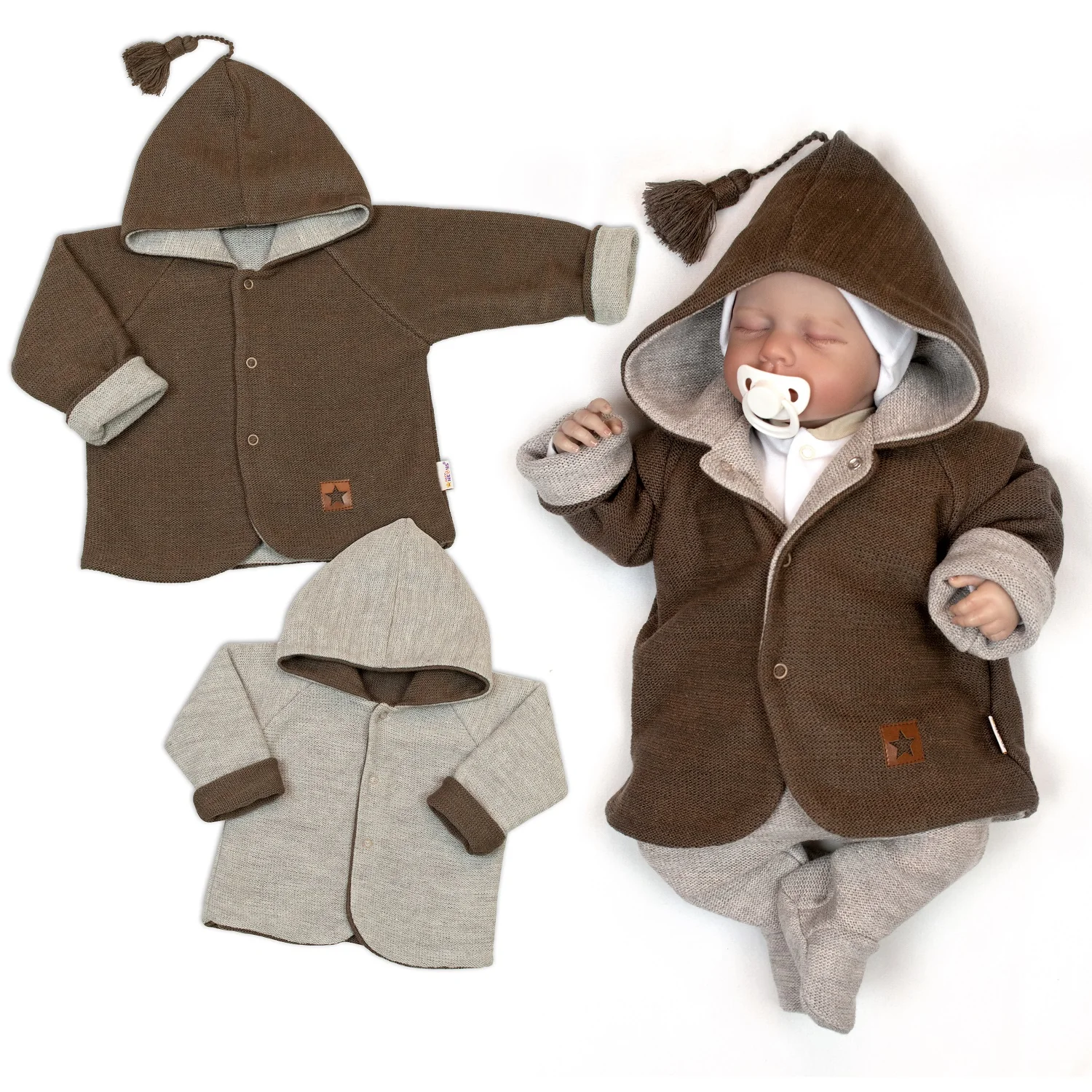 Baby Nellys Pletený dětský kabátek/bundička s kapucí Star, oboustranný vel.  74