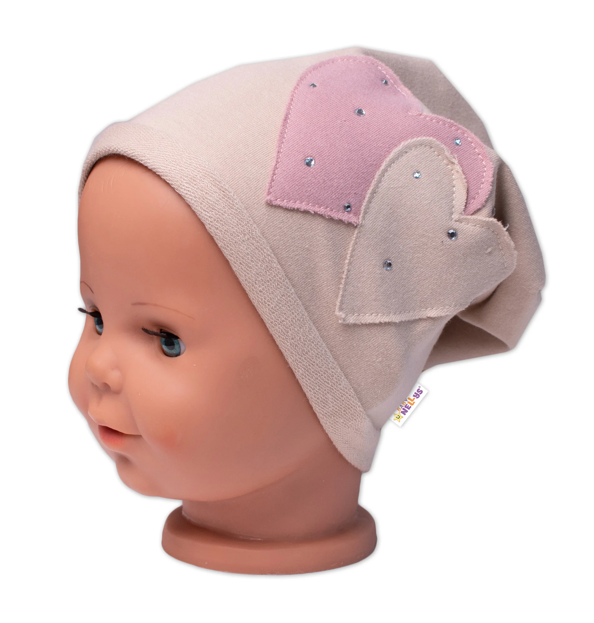 Baby Nellys Dětská čepice bavlna, Srdíčka s kamínky, béžová