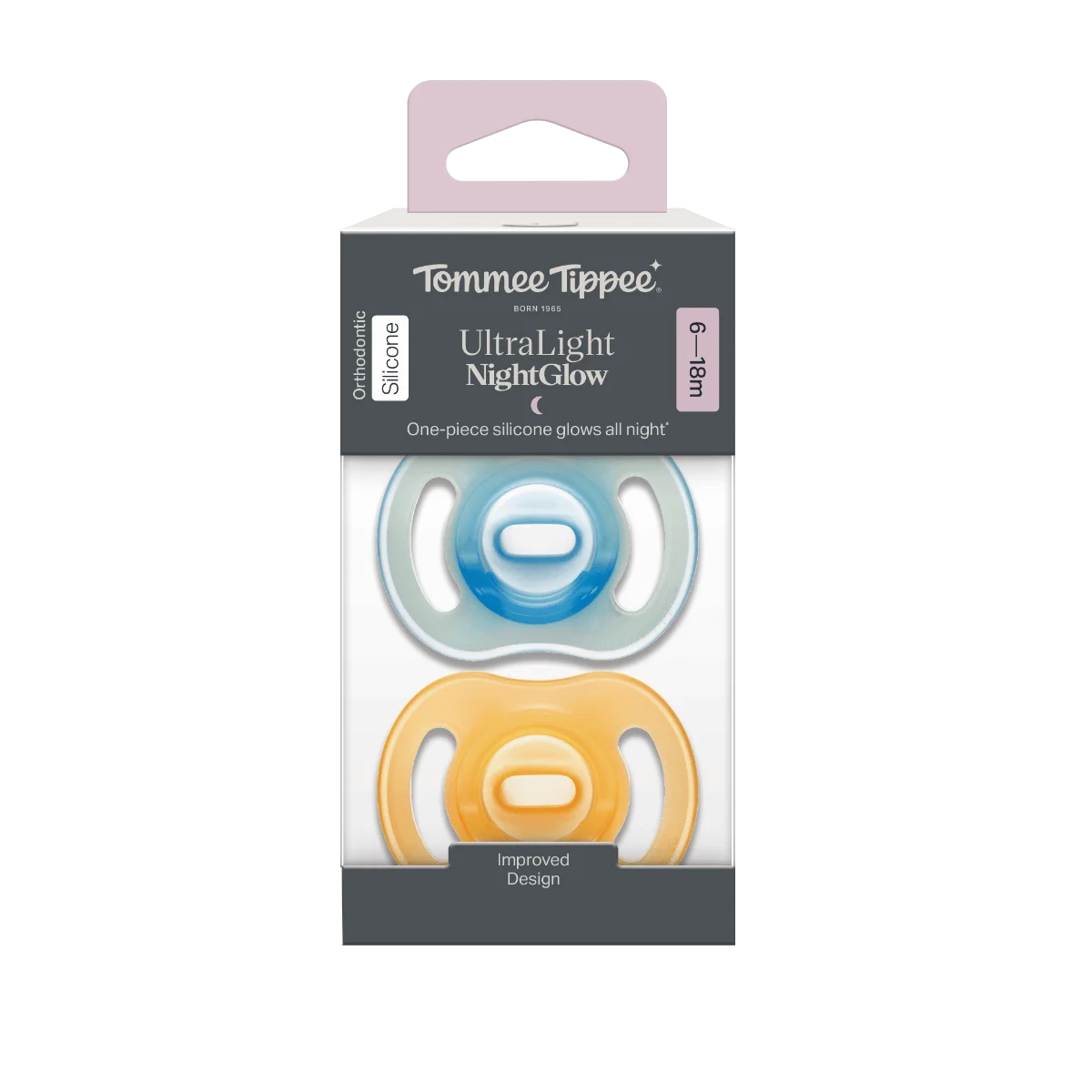 Tommee Tippee Silikonový dudlík Ultra-Light Night 6-18m 2 ks oranžová a modrá