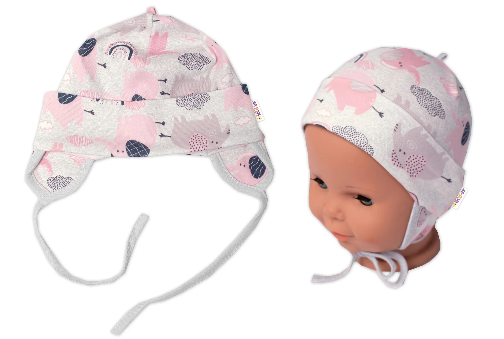 Baby Nellys Bavlněná čepička na zavazování, Sloníci, růžová, lem šedý, vel. 50/56