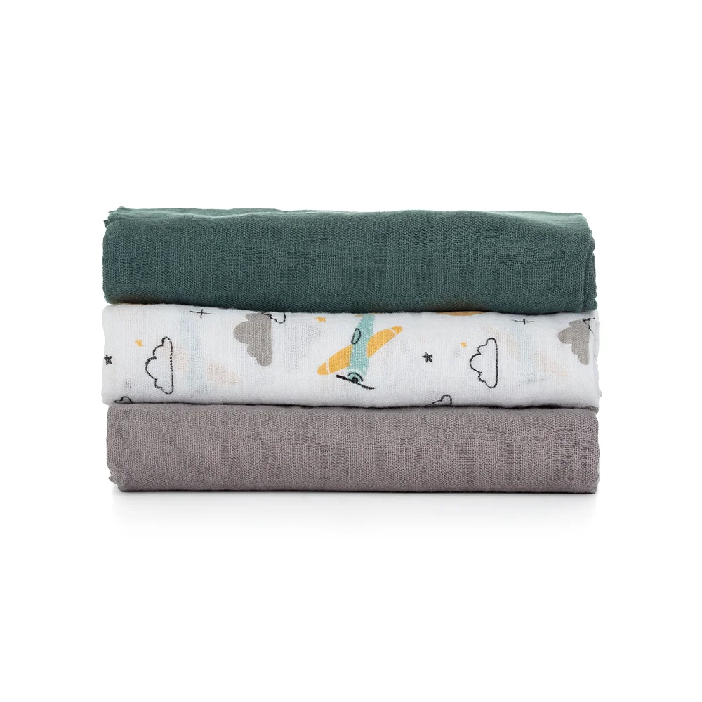 Petite&Mars Sada plen bambusová mušelínová Moussy 68 x 68 cm 3 ks Grey Planes