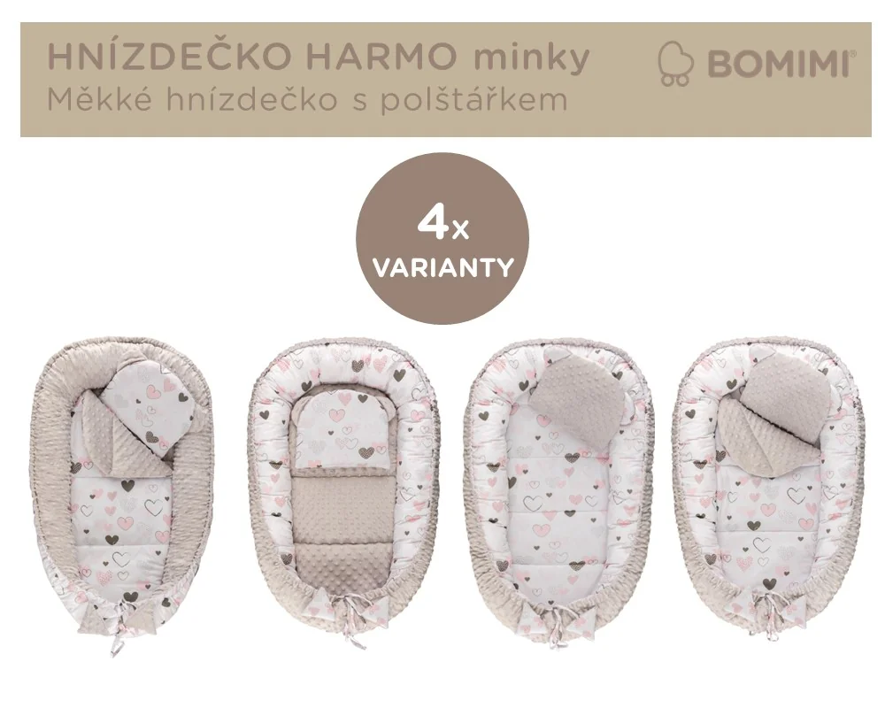 Bomimi HARMO Hnízdečko s polštářkem minky, SRDÍČKA šedá 