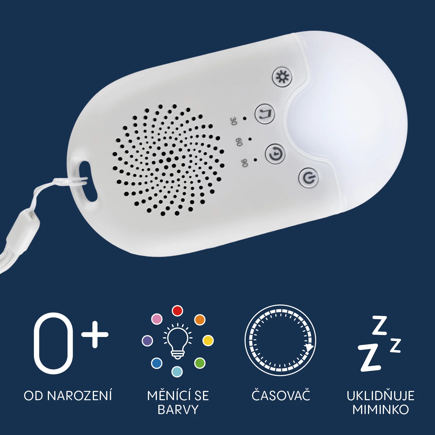 Zopa Přenosný usínací modul s LED světlem, bílým šumem a zvuky, White