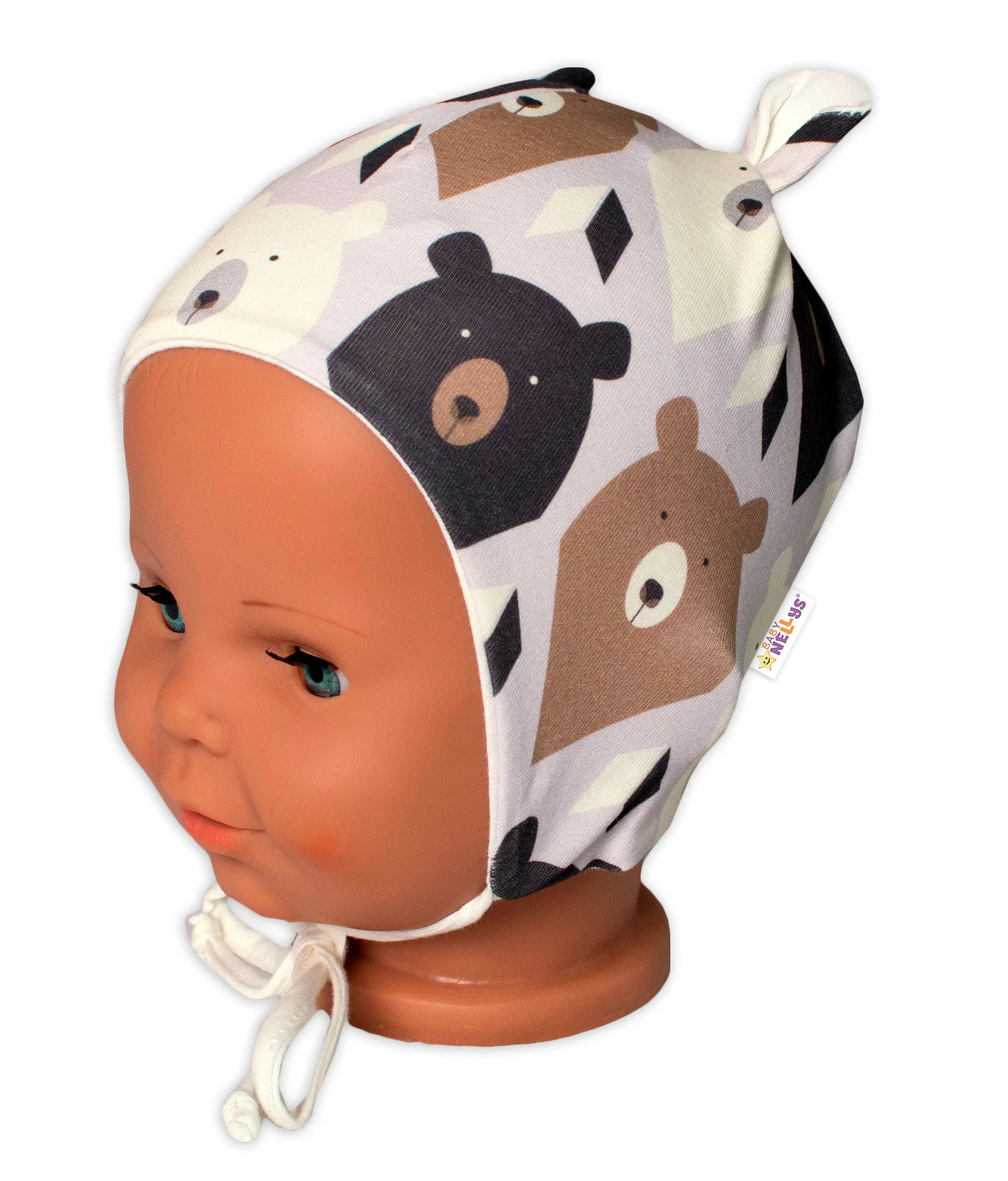 Baby Nellys Kojenecká čepička s oušky na zavazování - Medvědi, hnědá vel.  68/74