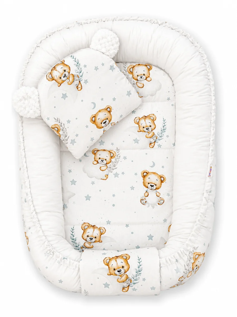Baby Nellys Oboustranné hnízdečko, podložka + polštářek 3D,Sleepy Teddy, bílé