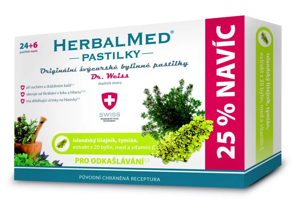 Dr. Weiss HerbalMed Islandský lišejník + tymián + med + vitamin C 24+6 pastilek
