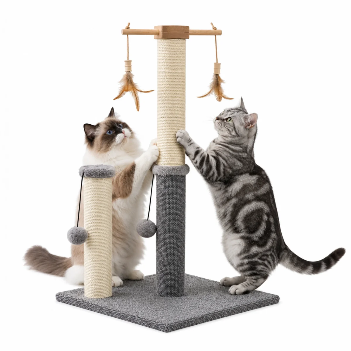 NELLYS Škrabadlo pro kočky Cat Tree 73 cm – plyš, sisal, míčky, peříčka, béžovo-šedá