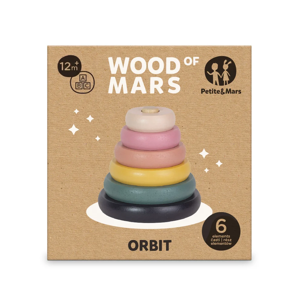 Petite&Mars Orbit Wood of Mars 12m+ hračka dřevěná stohovací 1 ks aurora pink