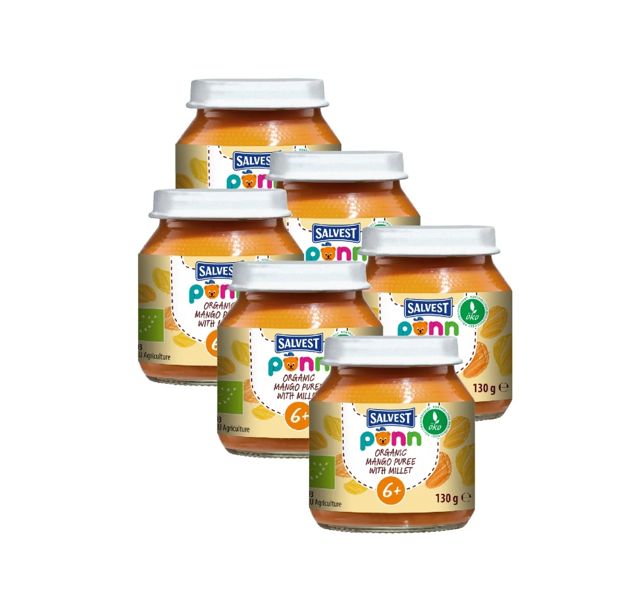 SALVEST Põnn BIO Mangovo-banánové pyré s jáhly 6x130 g
