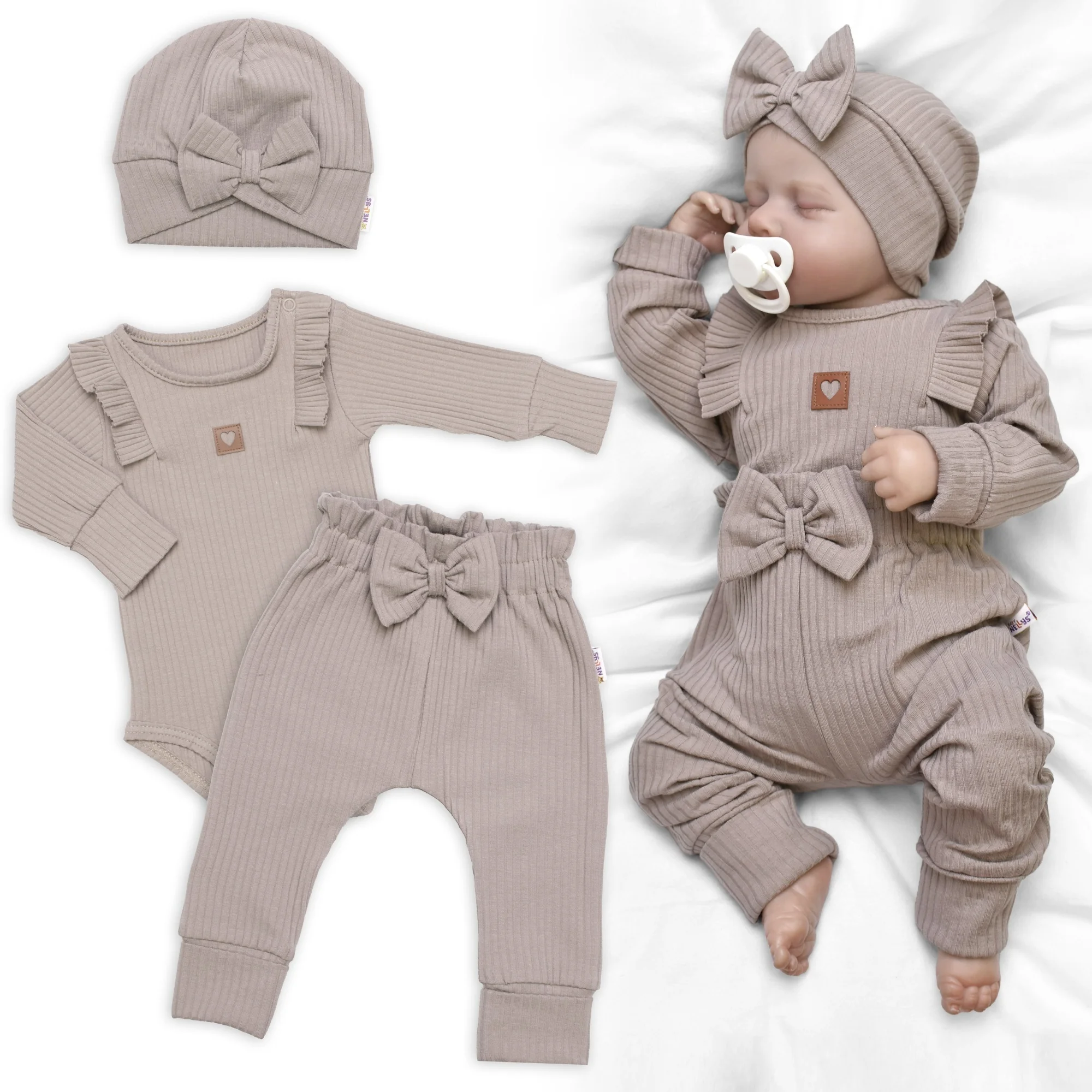 Baby Nellys Žebrovaná rostoucí souprava 3D, Baby Girl - taupe, vel. 68/74