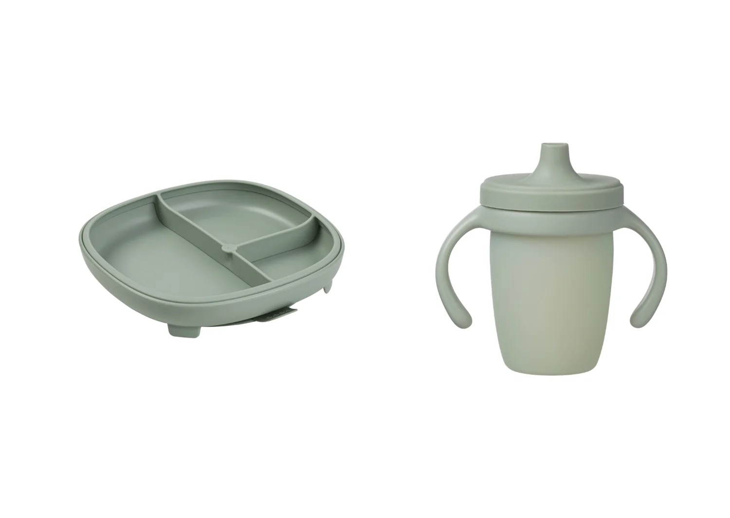 B.BOX Dělený talířek s přísavkou + silikonový hrneček s pítkem 240 ml - set zelený