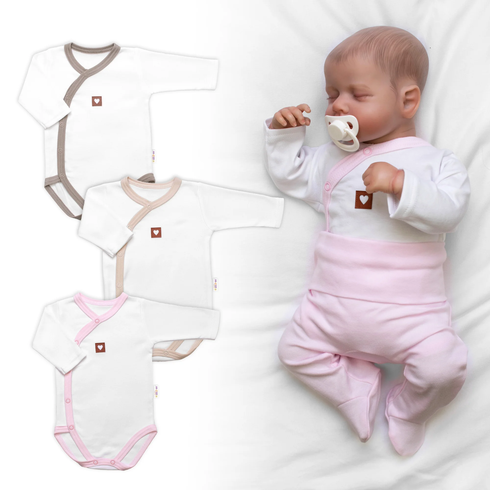 Baby Nellys Rostoucí výhodná sada, 3x Body zap. bokem,růžová/béžová/taupe, vel. 62/68