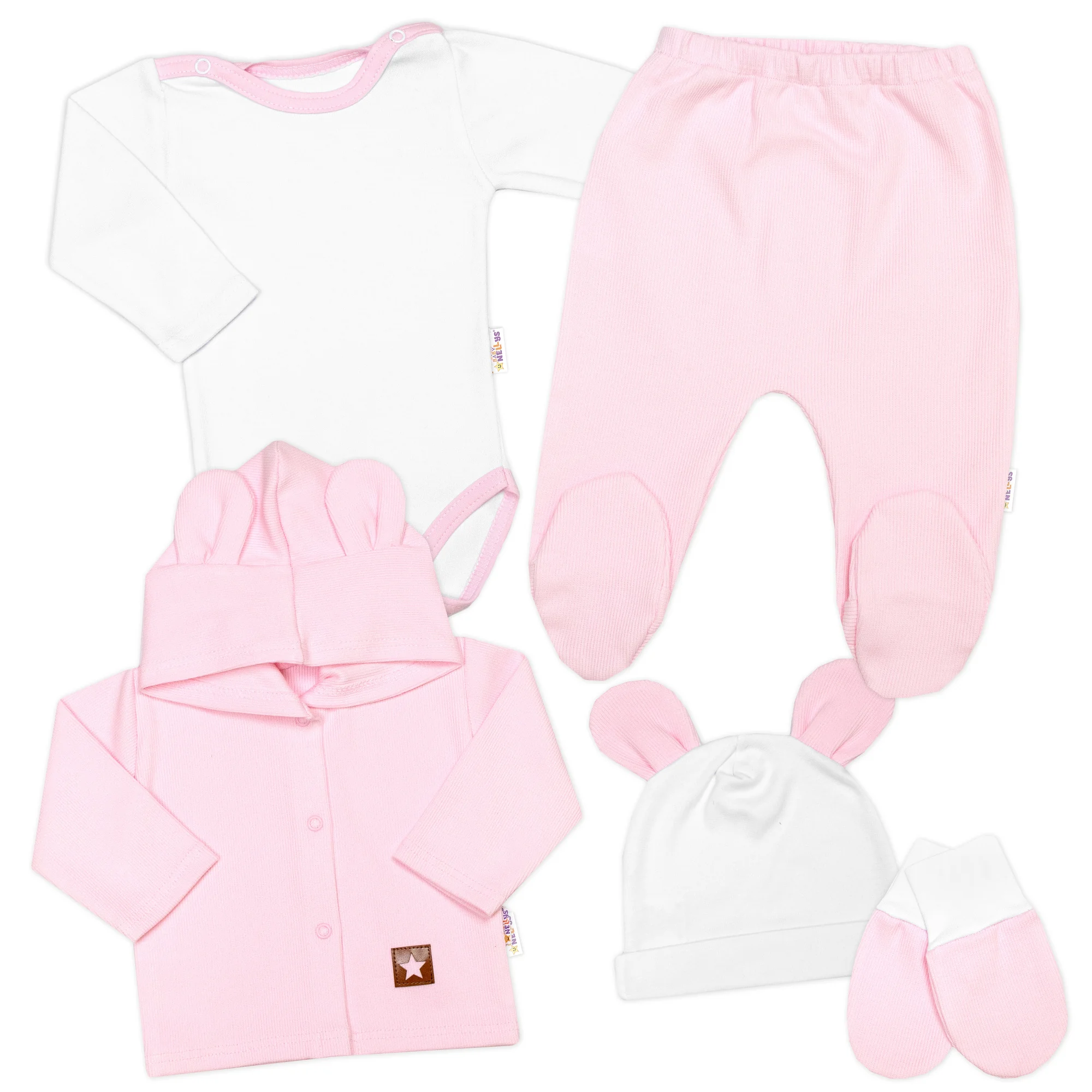 Baby Nellys Žebrovaná sada, Star 5D, body, polodupačky, kabátek, čepička, rukavice