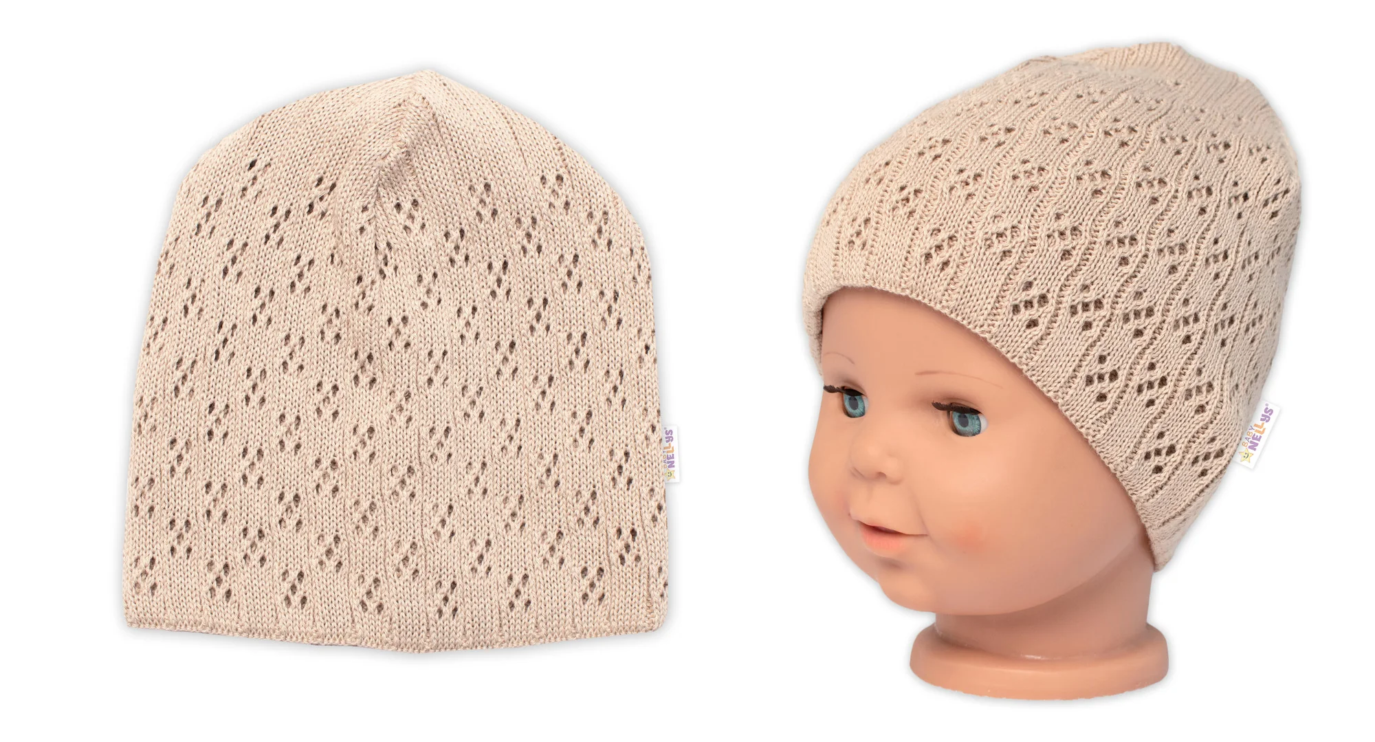 Baby Nellys Ažurková čepice, dvouvrstvá, bavlna, cappuccino, vel. 104/110