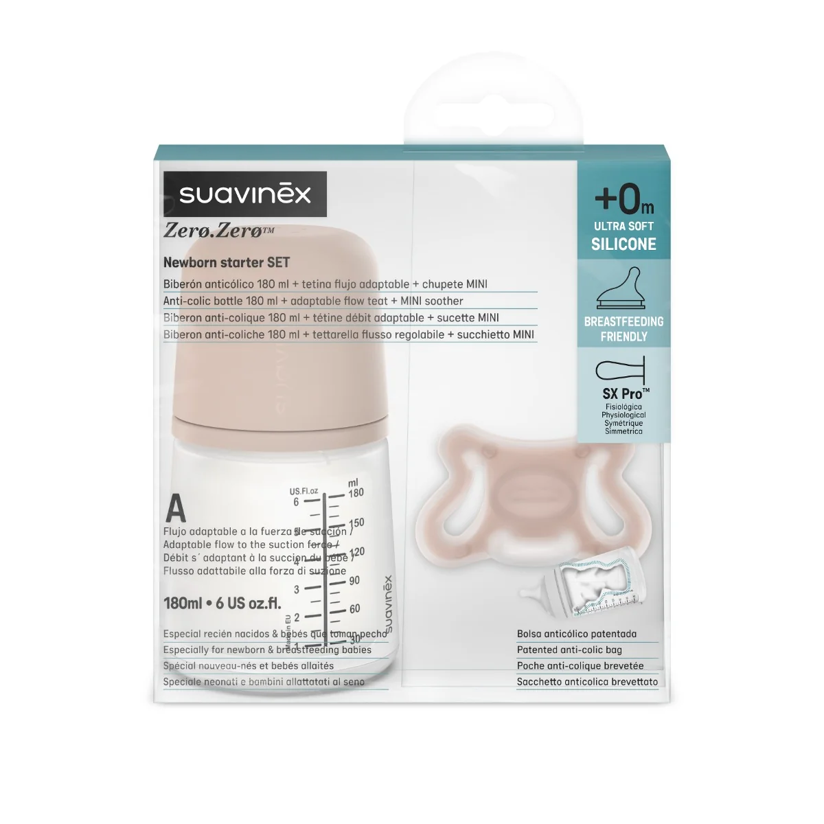 Suavinex Zero Zero Antikoliková láhev a dudlík Medium 0m+ 2 ks
