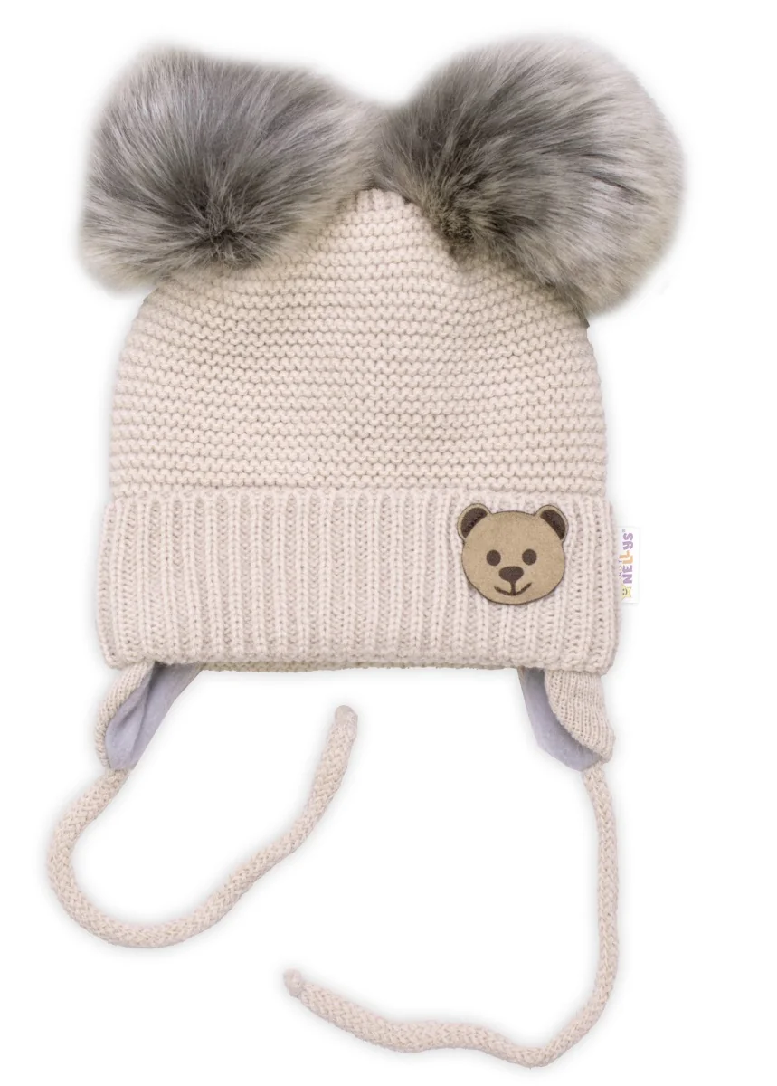 Baby Nellys Dětská sada, zimní čepice s šálou + rukavičky 3D, Teddy Bear - béžová