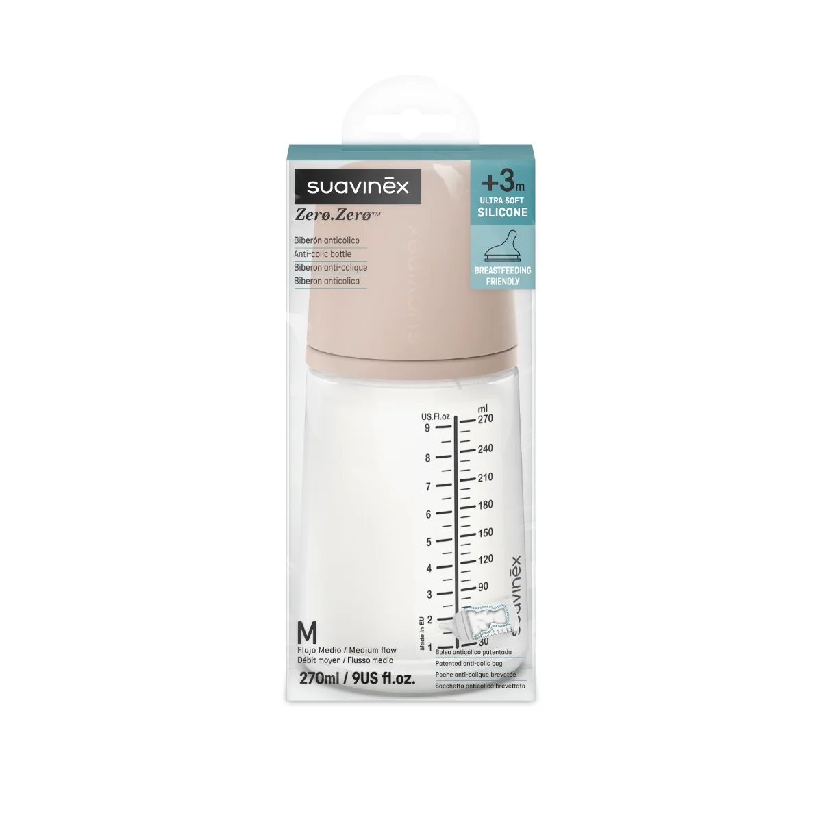 Suavinex Zero Zero Antikoliková láhev Medium průtok M 3m+ 270 ml 1 ks