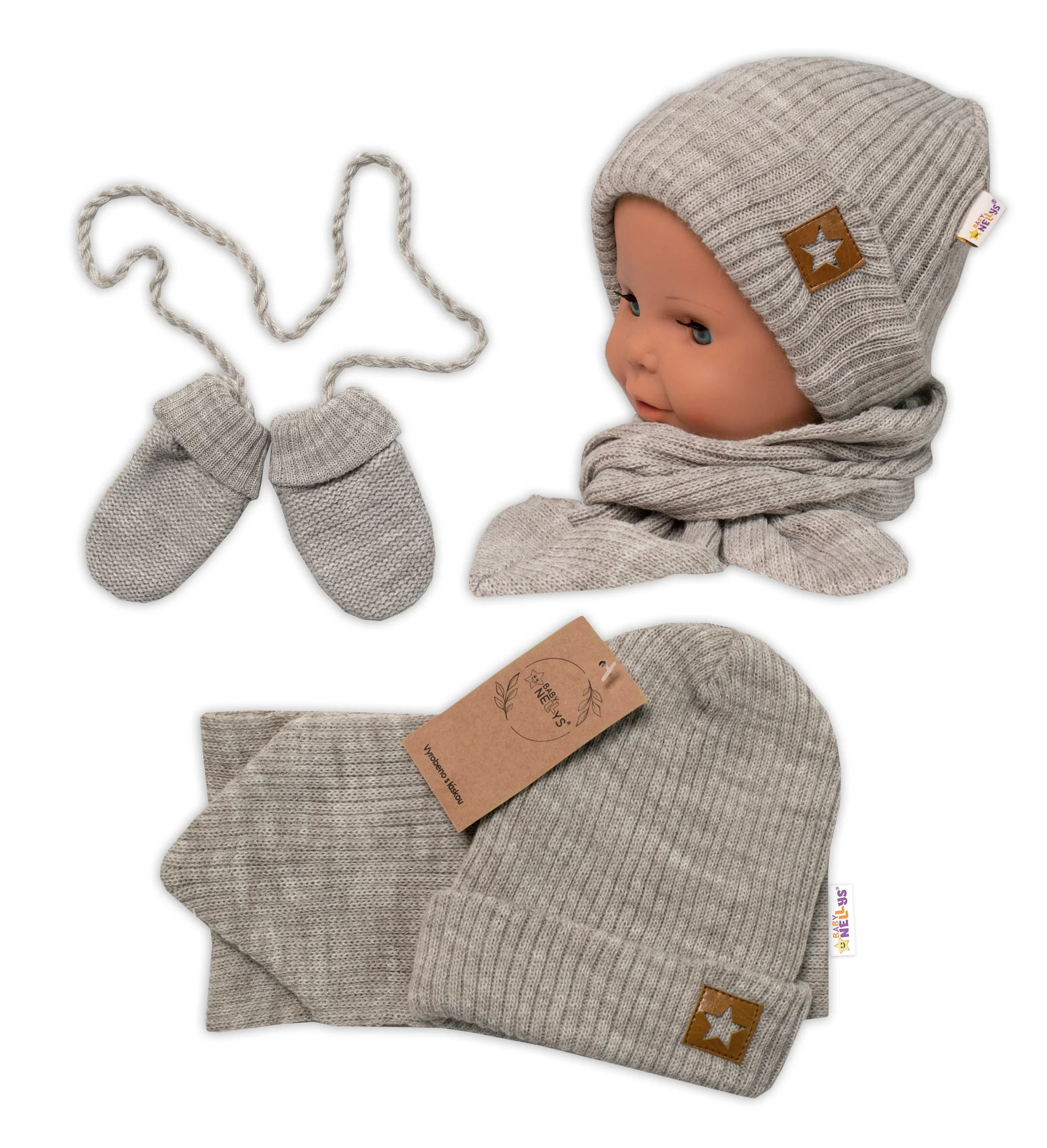 Baby Nellys Pletená čepice s šálou+rukavičky STAR,béžová,56/62