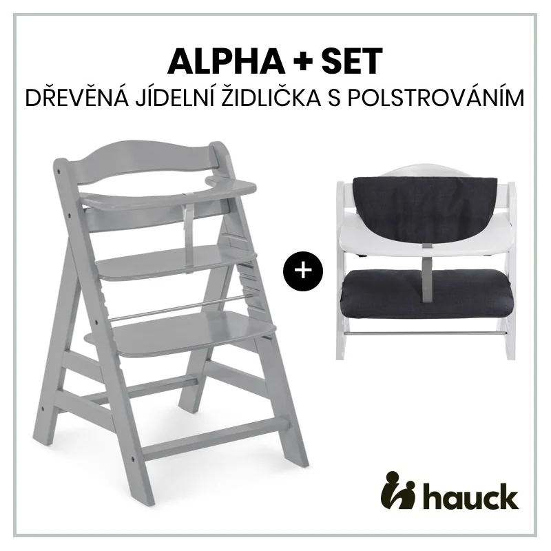 Hauck Alpha+ set 2v1 dřevěná židle, grey + polstrování Melange charcoal