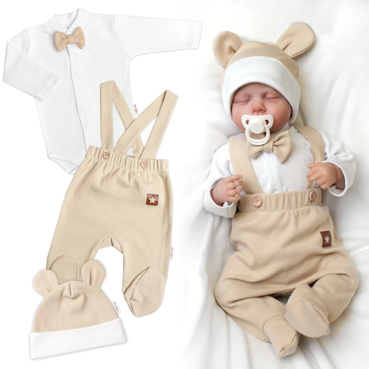 Baby Nellys 3D souprava Gentleman s dl. rukávem - béžová/bílá, vel. 68