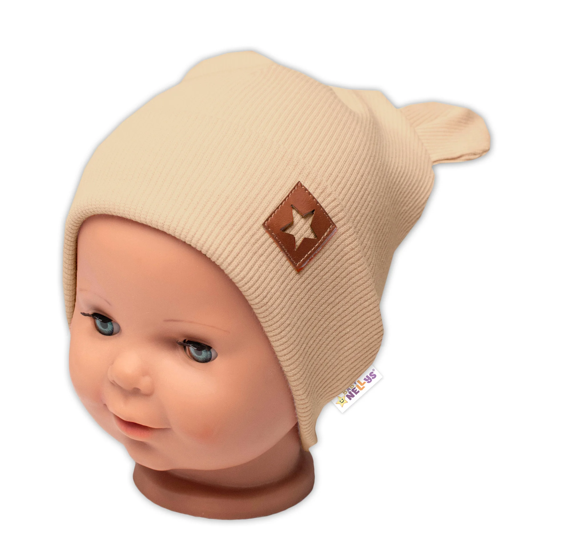 Baby Nellys Žebrovaná dvouvrstvá čepice s oušky TEDDY - béžová vel.  80/86