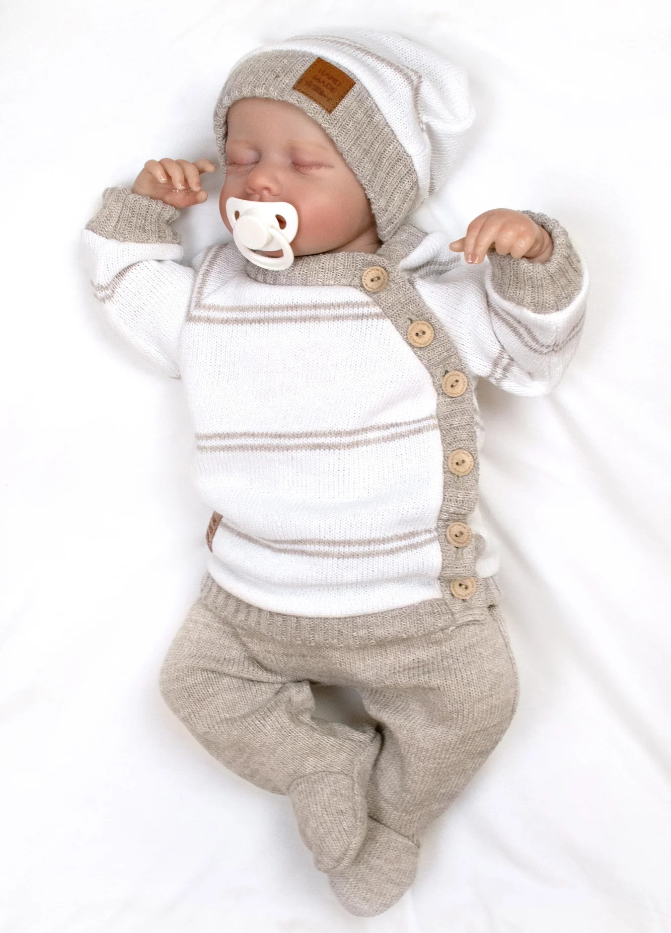 Baby Nellys Pletená sada s jemným proužkem 3D, béžová/bílá,56