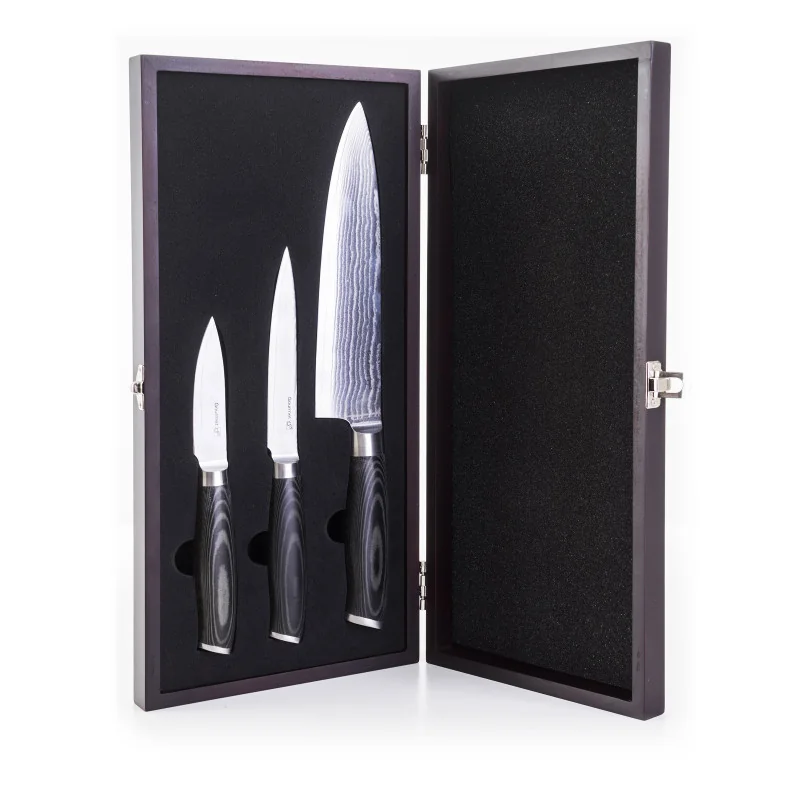 G21 Sada nožů Gourmet Damascus v bambusovém bloku 5 ks + brusný kámen