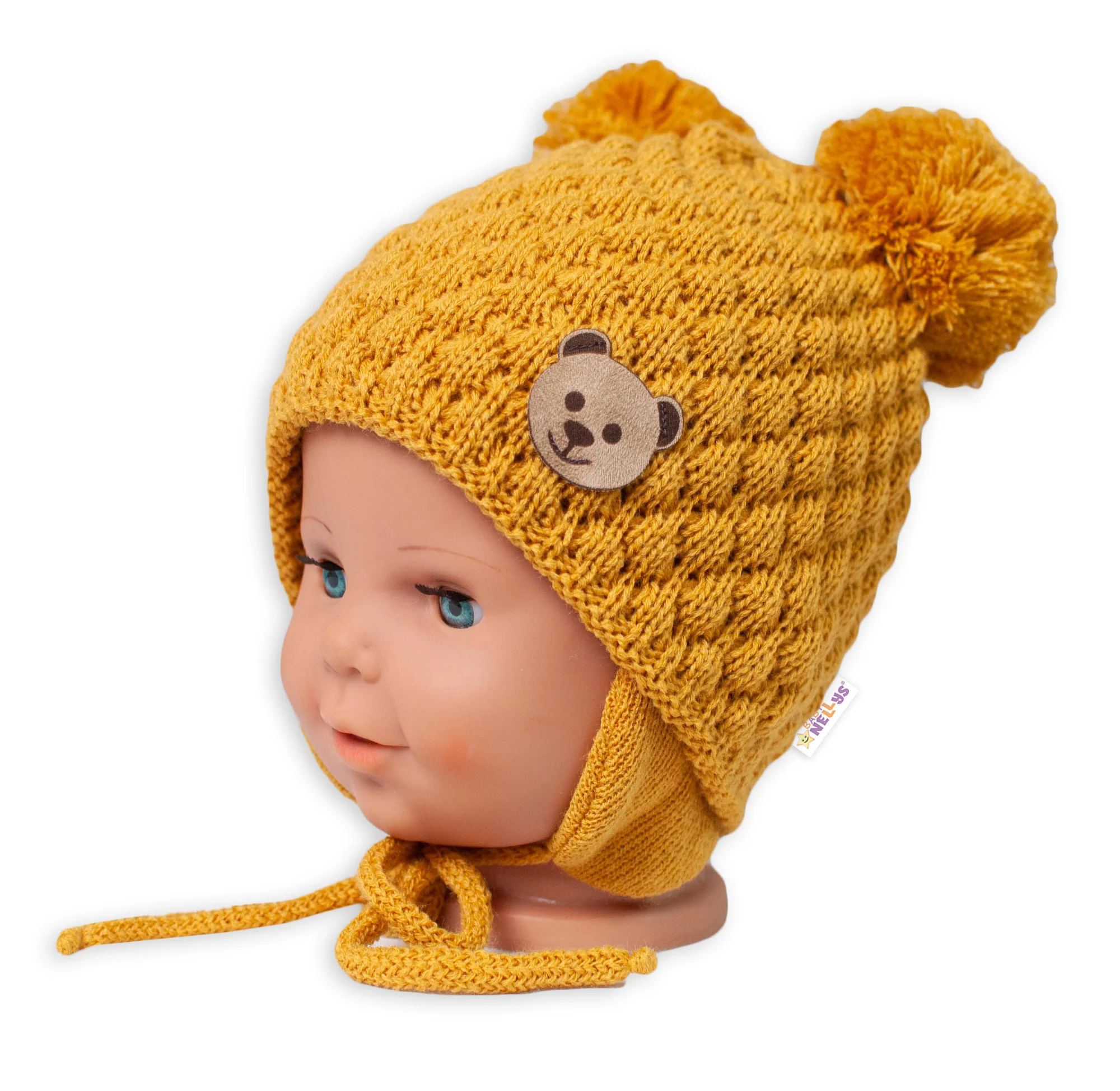Baby Nellys Zimní čepice Teddy Bear na zavazování, hořčicová