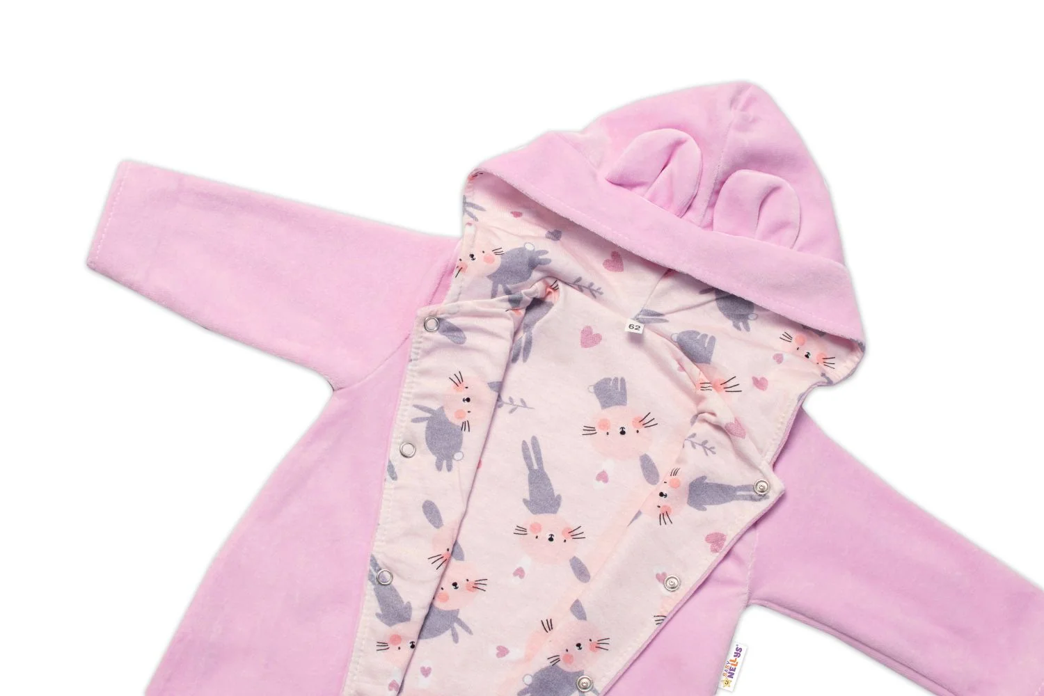 Baby Nellys Semiškový, velurový overal s kapucí Baby Nellys Bunny II., růžový, vel. 86