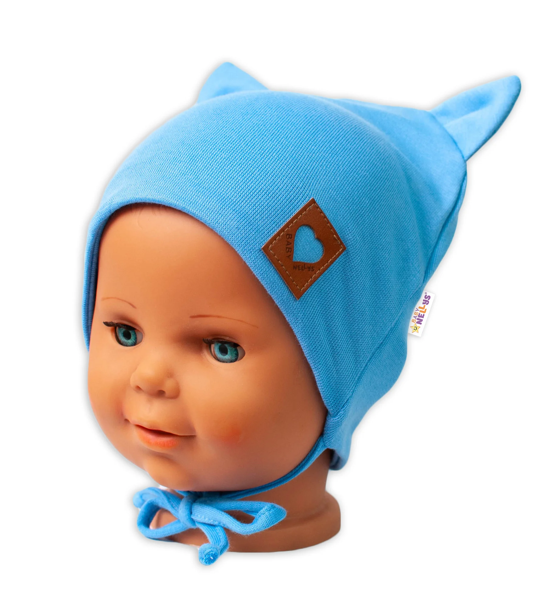 Baby Nellys Bavlněná dvouvrstvá čepice s oušky na zavazování FOX - modrá vel. 68/74