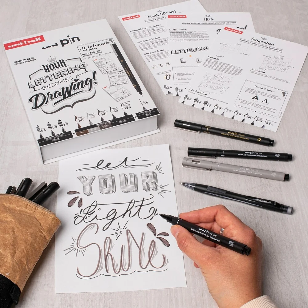 UNI PIN sada Lettering - dárkový box, 8 linerů + SHALAKU mikrotužka, mix barev