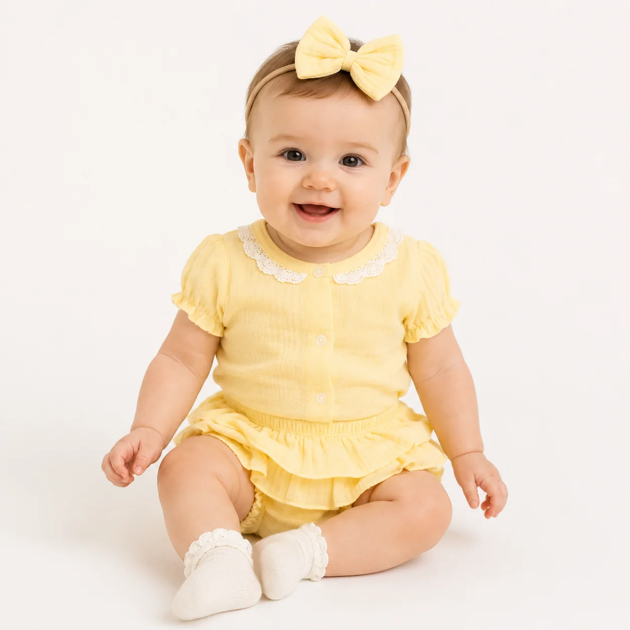 Baby Nellys 3-dílná mušelínová soupravička, body, kraťasky + čelenka GIRL, žlutá vel. 74