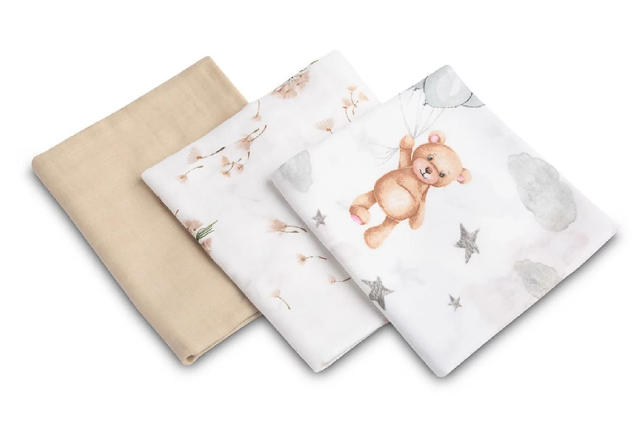 SENSILLO Mušelínové měkké plenky LUX, 3ks, Bear, bílá/béžová