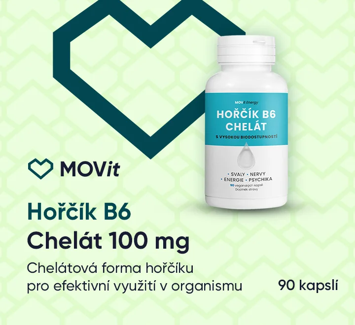 MOVit Energy Hořčík B6 Chelát 100 mg 90 kapslí. Chelátová forma hořčíku pro efektivní využití v organismu. MOVit Energy Hořčík B6 Chelát 100 mg 90 kapslí. Chelátová forma hořčíku pro efektivní využití v organismu.
