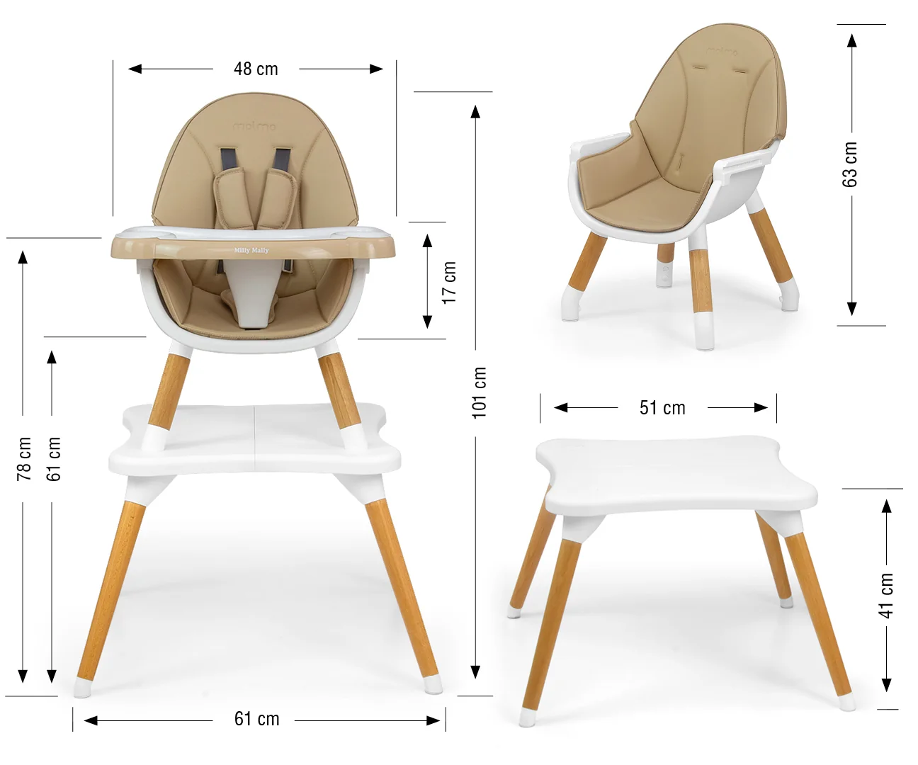 Milly Mally MALMO 2v1 – dětská jídelní židlička a stolek, béžová 