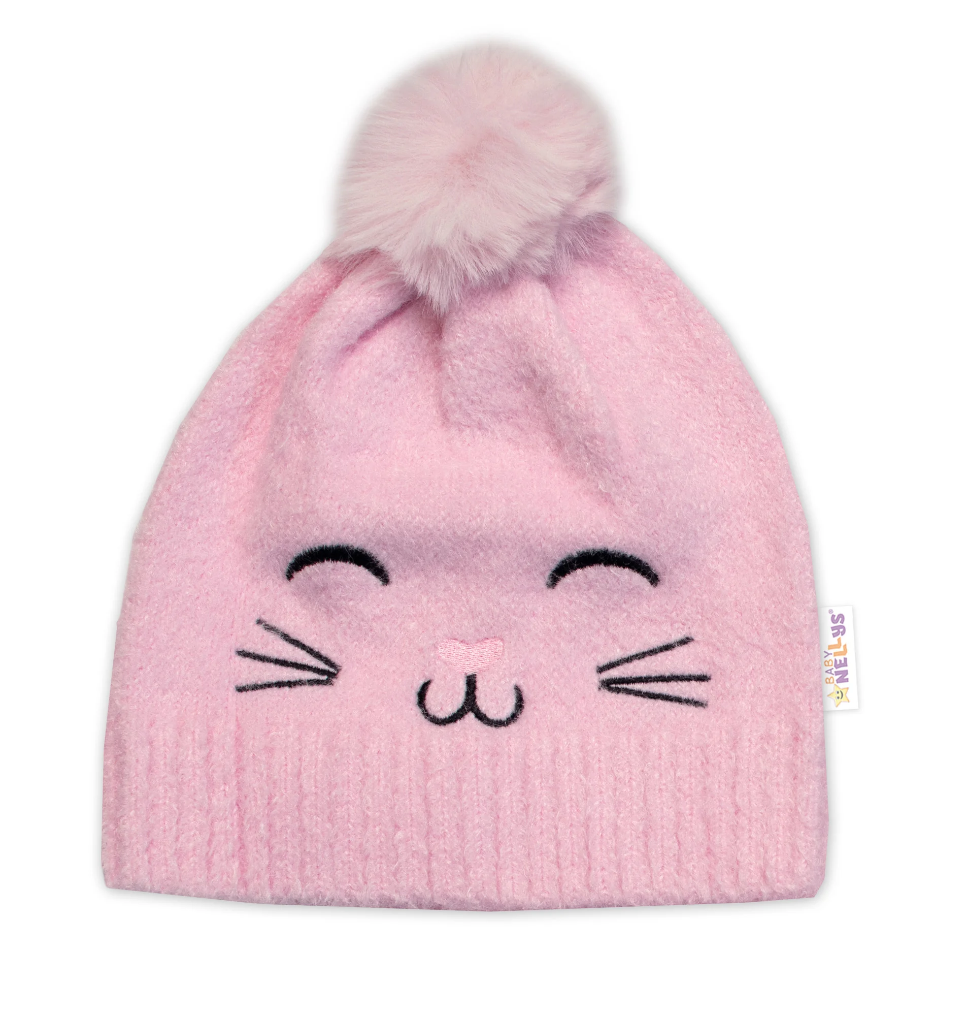 Baby Nellys Zimní čepice s bambulí + šál, Kitty, růžová vel. 54/58
