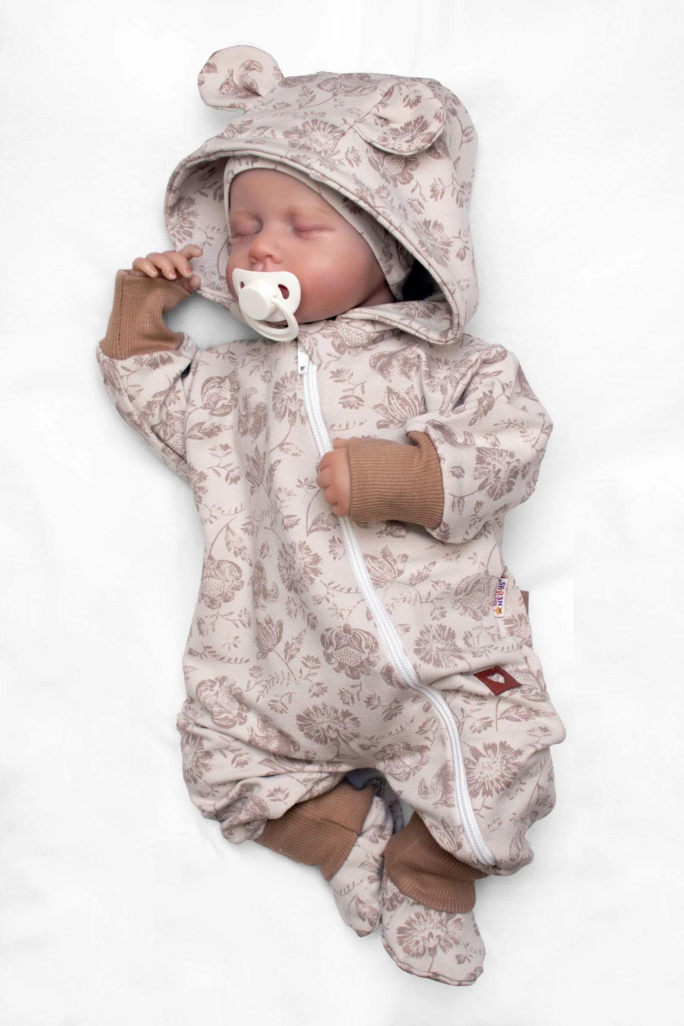 Baby Nellys Rostoucí overálek, čepička a botičky, 3D, bavlna, Garden - béžová/hnědá