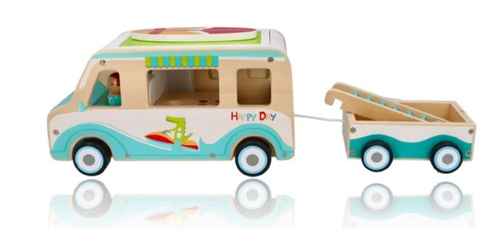 Adam Toys Dřevěnný autokaravan s přívěsem a příslušenstvím,
