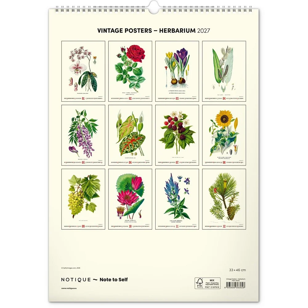 NOTIQUE Nástěnný kalendář Vintage plakáty - herbář 2027 33 × 46 cm
