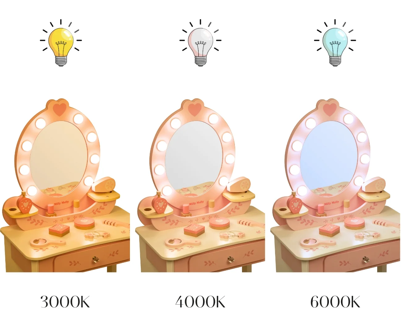 Milly Mally Kosmetický stolek Elly s LED osvětlením a doplňky – bílá, růžová 