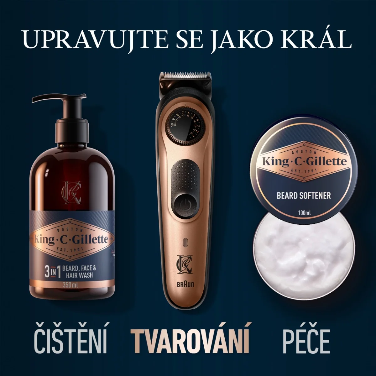 Gillette Xmass sada King C. zastřihovač vousů, balzám a šampon 3 ks